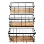 TIEYIPIN Farmhouse Decor Metal Wire Storage Baskets, Wood Base Containers Organizing Basket Caddy Bin for Kitchen Cabinets, Bathroom, Pantry, Garage, Laundry Room, Closets - Small - Black (Set of 3)