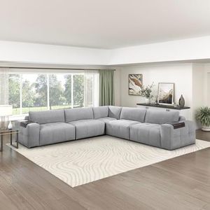Lexicon 143" Modern 5-Piece Modular Sectional Sofa with Wooden Armrest Trays, High Density Foam, Removable Back Cushion Covers, L-Shaped Tufted Sectional Couch for Living Room, 5 Seater, Gray