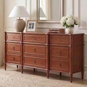 STO'SENSE 63" 9-Drawer Wooden Dresser for Bedroom w/Power Outlet,Traditional Chest of Drawers w/Vintage Pulls, Solid Wood Tapered Legs,Rustic Wood Finish, Long Farmhouse Dresser TV Stand, Brown