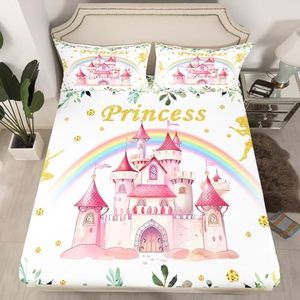 Erosebridal Princess Queen Bedding Set,Pink Castle Dreamy Fitted Sheet for Girls Kids,Fairy Garden Floral Bed Set,Cute Rainbow Pink Bed Sheets 3Pcs Room Decor (No Flat Sheet)