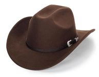 Classic Black Western Felt Roll Up Brim Cowboy and Cowgirl Hat for Women and Men - Decoration with Western Belt Bukle, Brown With Carved, 7-7 1/4