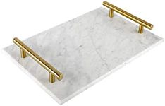 HighFree Marble Stone Decorative Tray, Handmade Nightstand Tray with Copper-Color Metal Handles for Counter, Vanity, Dresser, Nightstand and Desk (White)