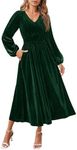 ZESICA Women's Velvet Midi Dress Casual V Neck Long Sleeve Solid Color Elastic High Waist Flowy Evening Party Dresses, Green, Medium