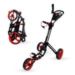 Qwik-Fold 3 Wheel Push Pull Golf CART - Foot Brake - ONE Second to Open & Close! (Black/Red)