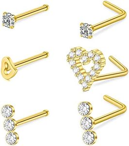 D.Bella Nose Studs Nose Bone 20G Nose Rings Studs Surgical Steel Pin Bone Straight Bar Nose Rings for Women Heart CZ Inlaid Nose Nostril Piercing Jewelry Gold 20 Gauge