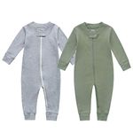 Owlivia Organic Cotton Baby Boy Girl 2 Pack Zip up Sleep N Play, Footless, Long Sleeve(3-6 Months, Dark Grey Melange & Olive Green)