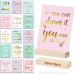 15 Pieces Inspirational Quote Desk Card with 2 Pieces Wooden Block Desk Stands, Stamped Display Cards Colored Positive Affirmations Card Motivational Display Card for Women Office Desk (Vivid Style)