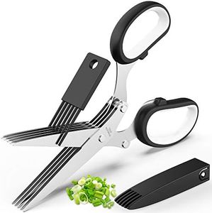 Updated 2023 Herb Scissors Set - Cool Kitchen Gadgets for Cutting Fresh Garden Herbs - Herb Cutter Shears with 5 Blades and Cover, Sharp and Anti-rust Stainless Steel, Dishwasher Safe (Black-White)