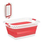 Relaxdays Folding Laundry Hamper with Handles, Plastic & Silicone, Compact Storage Basket, HWD 27x61x45.5 cm, Red