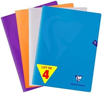 Clairefontaine 293362AMZC Lot de 4 Cahiers Agrafés Mimesys - 24x32 cm - 96 Pages Petits Carreaux - Papier Blanc 90 g - Couvertures Polypro Couleurs Assorties (Bleu, Incolore, Orange et Violet)