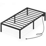 Rolanstar Bed Frame Twin Size with USB Charging Station, 14 Inch Metal Platform Bed Frame, Mattress Foundation with Heavy Duty Steel Slat Support, No Box Spring Needed, Easy Assembly, Black