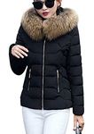 OMZIN Short Winter Jacket Ladies Warm Parka Jacket Coat With Fur Hood Quilted Jacket Thick Zipper Down Jacket Fur Ladies Jackets Short Black M