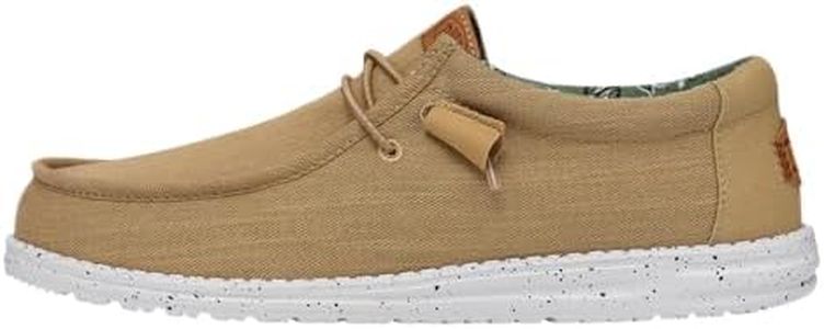 HEYDUDE Men's Wally Washed Canvas Slip On Shoe, Walnut, Size 14 | Washed Textile Upper, Elastic Laces, Removable Foam Insole, Flexible Outsole, Cushioned Collar, Packable Construction