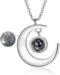 SOULMEET Sterling Silver Moon Necklace with I Love You in 100 Languages Projection Jewelry Gifts for Wife Mom Adults (Frontwards text projection)