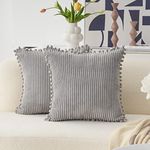 Home Brilliant Pom Pom Cushion Covers for Bed Sofa Grey Cushion Cover Decorative Corduroy Pillow Covers 18x18 Set of 2, 45 x 45cm, Light Grey