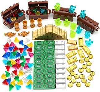 Feleph Treasure Accessories Building Blocks Set Jewel Chest, Money Tile, Gems Diamonds, Bullion Gold Silver Bar, Power Crystals, Coins, Goblet, $100 Dollar Bill Cash Toy Brick