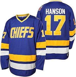Men Hanson Brother 16 Jack 17 Steve 18 Jeff Charlestown Chiefs Stitched Movie Hockey Jerseys (17 Blue, Small)