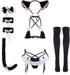 ABAFIP Women's Cute Anime Kawaii Cat Kitten Cosplay Strappy Lingerie Halter Micro Bra Panty Headband Garter Stockings Set, Black-01, One Size