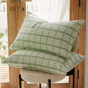 Green Plaid Pillowcases Set Standard Queen Pillow Shams Cotton Grid Pillow Covers for Kids Boy Girl Teen Checkered Print Home Decorative Pillowcases Set, Envelope Closure, (2 Pieces,20"×26")