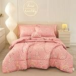 Mooreeke Queen Size Comforter Sets for Girls Kids, 8 Pieces Bed in a Bag Pink Rainbow Flowers Bedding Comforter Sheet Set with Shams and Decorative Toy Pillow, Ultral Soft Microfiber Kids Bed Set