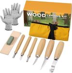 Wood Carving Tools, 10 in 1 Wood Whittling Kits, Chip Carving Tools Set, with 0 Basswood Carving Block, 6PCS Whittling Tools, Gloves, Sharpener, Roll Canvas Bag, Wood Carving Set for Adult Beginners