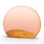 REACHER Wood Wake Up Light Alarm Clock, Sunrise Simulation, Bedside Lamp, White Noise Machine, 8 Colors NightLight, Digital Dimmable Clock, 26 Natural Sounds, Snooze, Sleep Timer for Kid, Adult