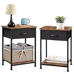 Somdot Nightstands Set of 2, Bedside Table End Table for Bedroom Nursery Living Room - Removable Fabric Drawer, Open Storage Shelf, Sturdy Steel Frame, Durable Wood Top - Black/Rustic Brown