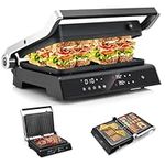 COSTWAY 3 in 1 Electric Health Grill & Panini Press, 5 Auto Modes Sandwich Toaste Maker with Non-Stick Coated Plates, LED Touch Panel, Temperature Control, 4H Timer & Drip Tray (Tempered Glass Top)