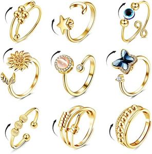 FIBO STEEL 9 Pcs Fidget Anxiety Rings for Women Men Spinner Rings for Anxiety Relieving Stress Open CZ Flower Moon Star Anti Rotatable Rings Adjustable, Steel,Brass, Cubic Zirconia