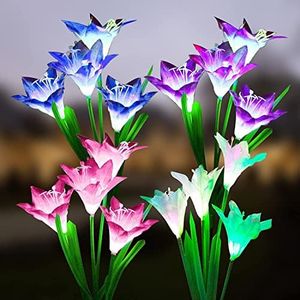 Solar Lights Outdoor Garden, 4 Pack Solar Garden Lights with 16 Bigger Lily Solar Flowers, 7-Color Changing Solar Pathway Lights, Waterproof Solar Garden Decor Lights for Patio Yard Lawn (Lily)