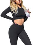 Danysu Gym Sets for Women 2 Piece Cross Waist Workout Clothes Long Sleeve Crop Tops Scrunch Butt Leggings Matching Outfits Black S