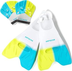 HAPBEAR Swim Fins with Hand Paddles for Kids, Youth & Adults – Adjustable Short Blade Swim Training Fins, Swimming Flippers Set for Lap Swimming, Technique, Strength & Endurance Training