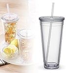 TWSOUL Plastic Cup Double Wall with Lids and Straws Reusable Transparent Water Tumbler for Smoothies Juice Iced Coffee (650ml)