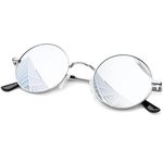 KANASTAL Silver Round Sunglasses Mens Polarised Womens Retro Mirrored Circle Silver Mirror Metal Vintage UV400 Sun glasses Hippie - Silver Frame Silver Lens
