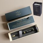 Personalised Engraved Premium Parker Stainless Steel Gold Trim Ballpoint Pen with Black Ink in a Classy Gift Box and gift bag, Custom Gift for Christmas, for Men and Women - Enter Your Custom Text