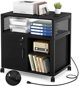 Unikito Lateral File Cabinet, Locking Office Filing Cabinets with Socket and USB Charging Port, Modern Rolling Printer Stand with Storage for A4, Letter Size and File Folders, Black