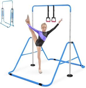 Foldable Gymnastics Bar for Kids 6-12, Adjustable Height Junior Training Kip Bar with Rings, Indoor/Outdoor Gymnastics Equipment (Blue)
