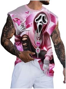 VIPWOLF Men's Face Graphic Y2k Tank Tops Star Print Crew Neck Sleeveless Shirts Streetwear Pink Skull Small