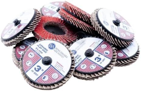 Benchmark Abrasives 3" Quick Change Ceramic Flap Disc Mini Grinding Wheel w/Male R-Type Back Design - Cleaning Finishing Deburring of Irregular Surfaces - for Die Grinder & More (10 Pack), 40 Grit