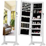 SDHYL Jewelry Cabinet Freestanding, Jewelry Organizer with Full-Length Mirror, Standing Lockable Jewelry Armoire, Mirror jewelry Cabinet with Storage Organizer for Bedroom Dressing Room, White