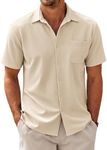COOFANDY Mens Shirt Short Sleeve Comfort Fit Solid Casual Shirt Herringbone Wrinkle Free Stretch Tops Button Down Shirts Cream XL