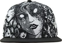 Ripple Junction Junji Ito Adult Flat Bill Snapback Hat Tomie Faces All Over Print Black and White Cap Officially Licensed