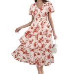 GRACE KARIN Women Boho Elastic Waist Smocked Tiered Midi Dress Long Maxi Beach Vacation Photography Dresses Red Brown Flowers L