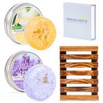 No2Plastic Two Solid Shampoo Bars in tins plus free Wooden Soap Dish - Handmade with 100% natural organic ingredients For healthy strong conditioner effect hair,Various