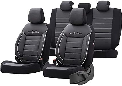 OtoM Fundas de Asiento universales de Cuero/Tela 'Comfortline' Negro/Gris + Ribetes Blancos - 11 Piezas - compatibles con airbags Laterales