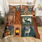 Deer Plaid Duvet Cover King Size,Camper Comforter Cover with 2 Pillowcase for Teens Adults,Kids Wild Animals Bedding Set,Rustic Farmhouse Breathable 3 Pcs Decorative Bed Cover(No Comforter)