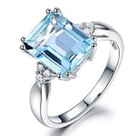 Psiroy 925 Sterling Silver Plated Emerald Shaped Simulated Blue Topaz Wedding Band Ring Engagement Ring for Women, Sterling Silver, Cubic Zirconia