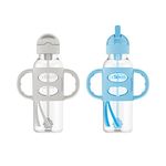 Dr. Brown's Milestones Narrow Sippy Straw Bottle, Spill-Proof with 100% Silicone Handles and Weighted Straw, 8 oz/250 mL, Gray & Blue, 6m+