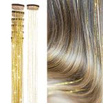 D-DIVINE 2pcs Clip in Hair Tinsel Extensions Highlights for Hair 24 Inch Fairy Hair Synthetic Hair Extensions for Party, Christmas, New Year, Halloween, Cosplay (Golden/2pcs)