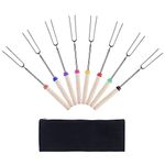 Grill Tools Set Barbecue Fork Telescopic Stainless Steel Marshmallow Roasting Stick Multi-color Hot Dog Safe BBQ Forks With Wooden Handle and Carrying Bag for Camping Campfire Pit 8 Pack